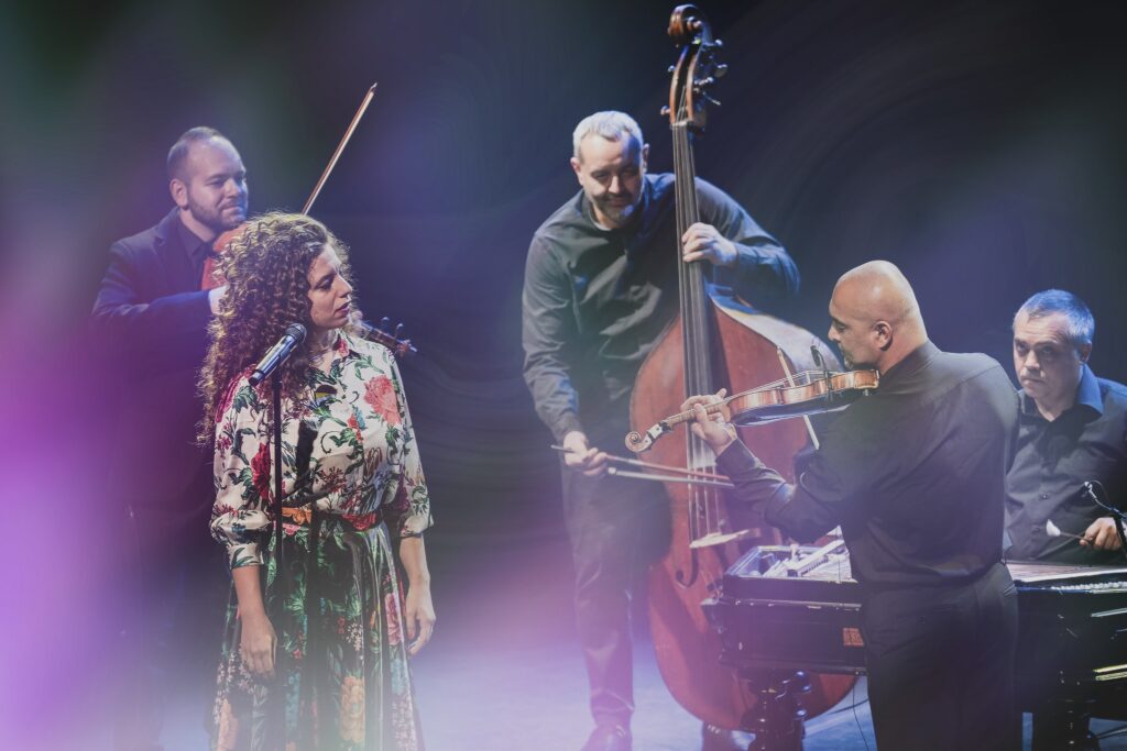 Members of the band Manuša performing during their concert.